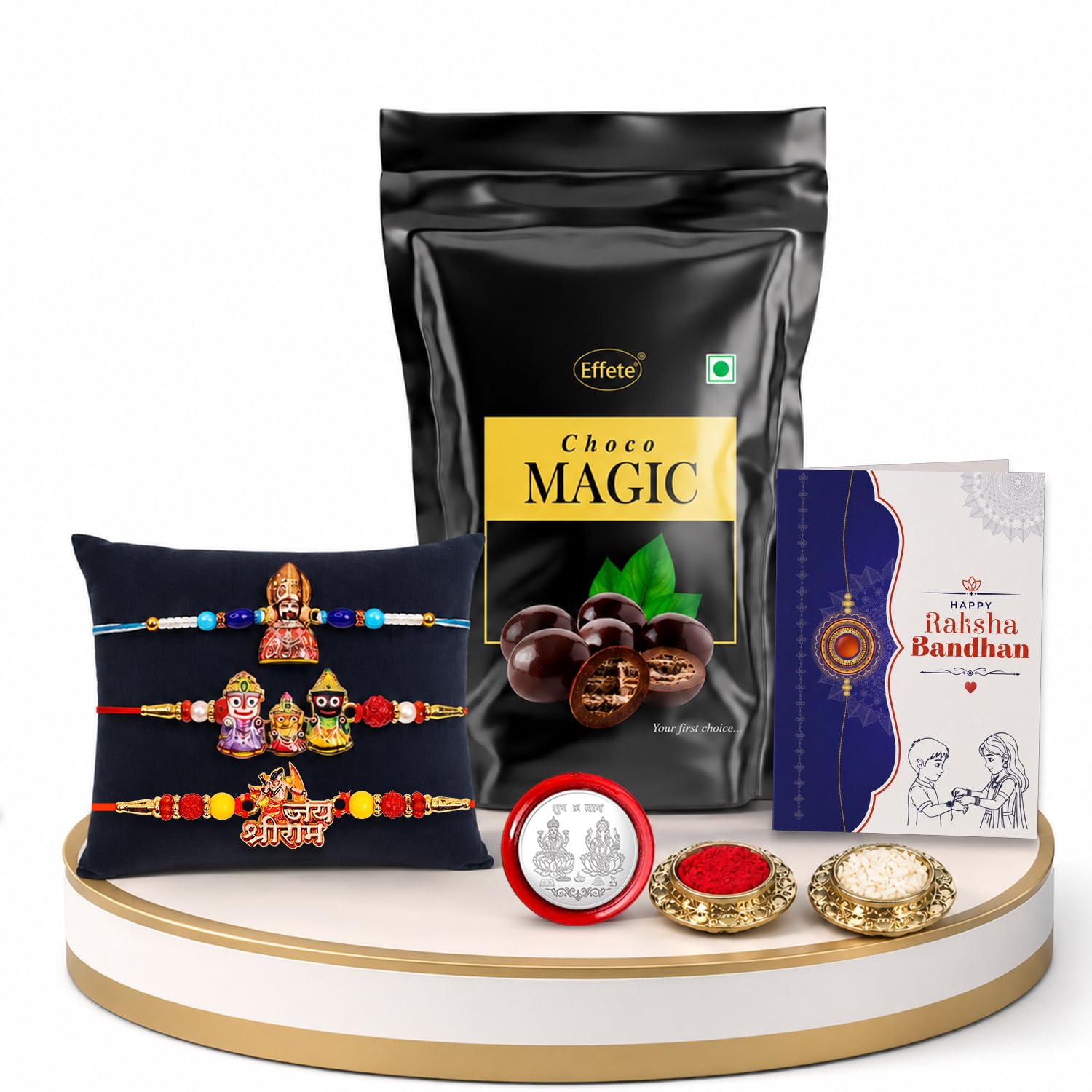 Shri Ram Rakhi Combo - Raksha Bandhan Gift with Choco Magic Standy Pouch, Pack of 7