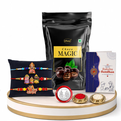 Shri Ram Rakhi Combo - Raksha Bandhan Gift with Choco Magic Standy Pouch, Pack of 7