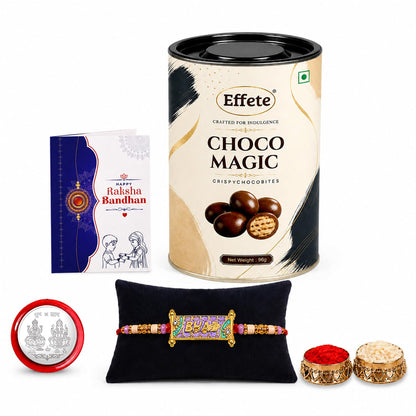 Bhai Rakhi for Brother with Chocolate Magic 96gm, Roli Tikka & Card, Pack of 5