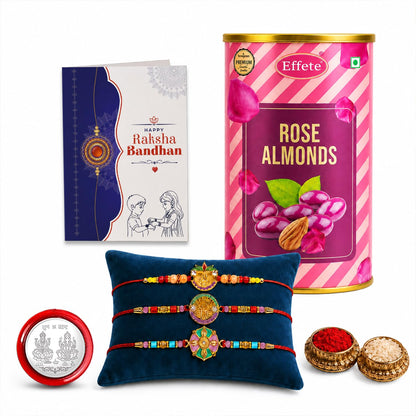Ganesha Rakhi for Brother with Rose Almond 96gm, Roli Tikka & Card, Pack of 7