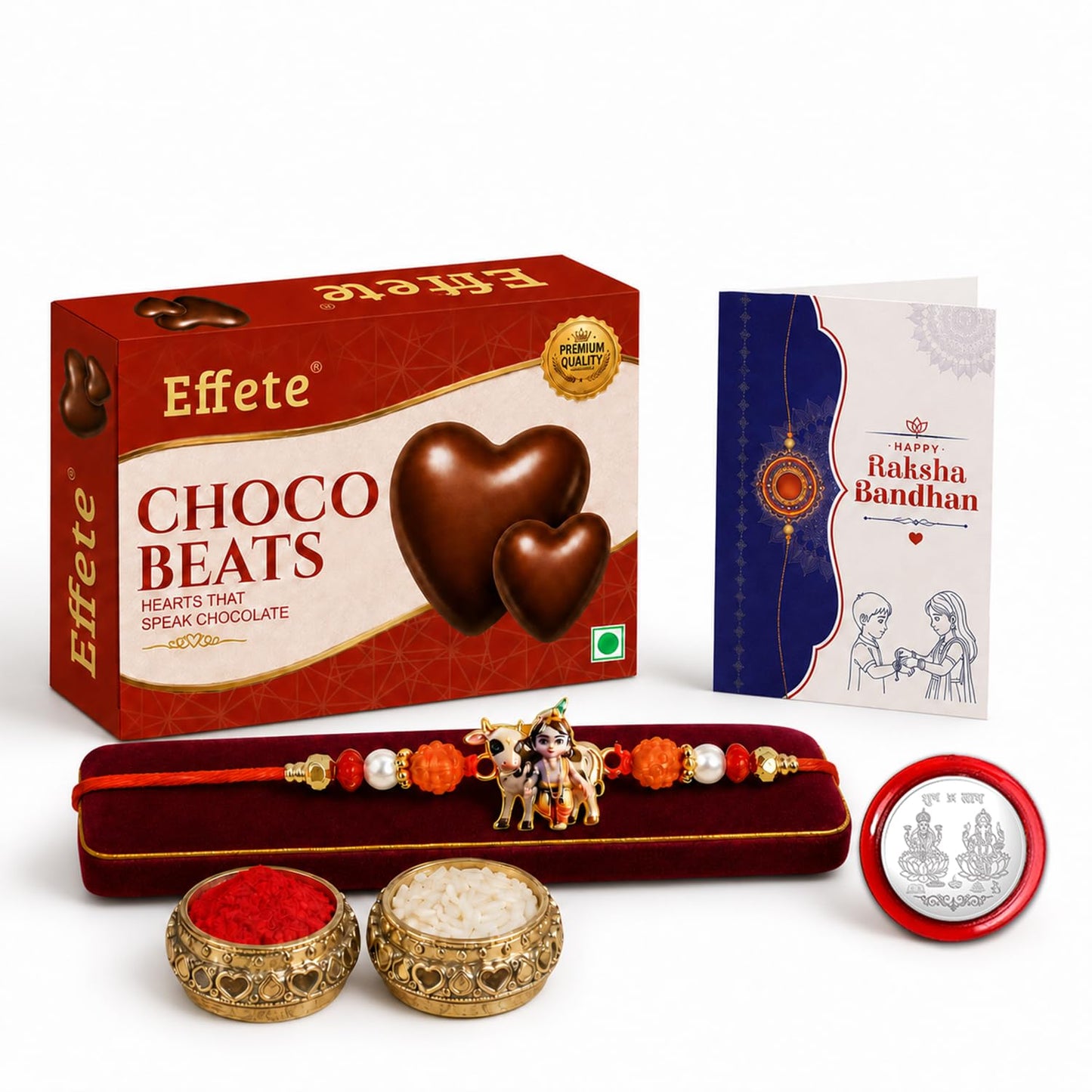 Krishna Cow Rakhi Combo - Raksha Bandhan Gift with Choco Beats 32gm, Pack of 5 for Bhaiya