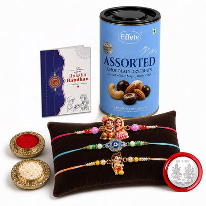 Krishna Radha Rakhi Combo - Raksha Bandhan Gift with Assorted Choco 96gm, Pack of 7