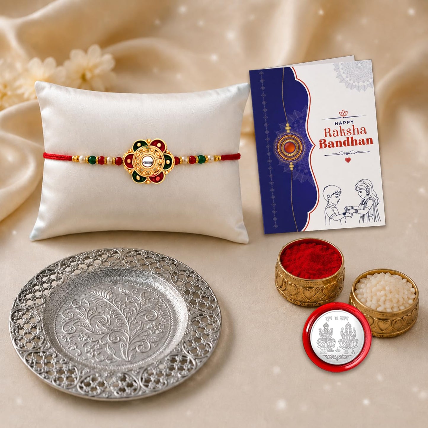 Flower Multicolor Rakhi for Brother & Bhaiya with Pooja Thali | Pack of 5