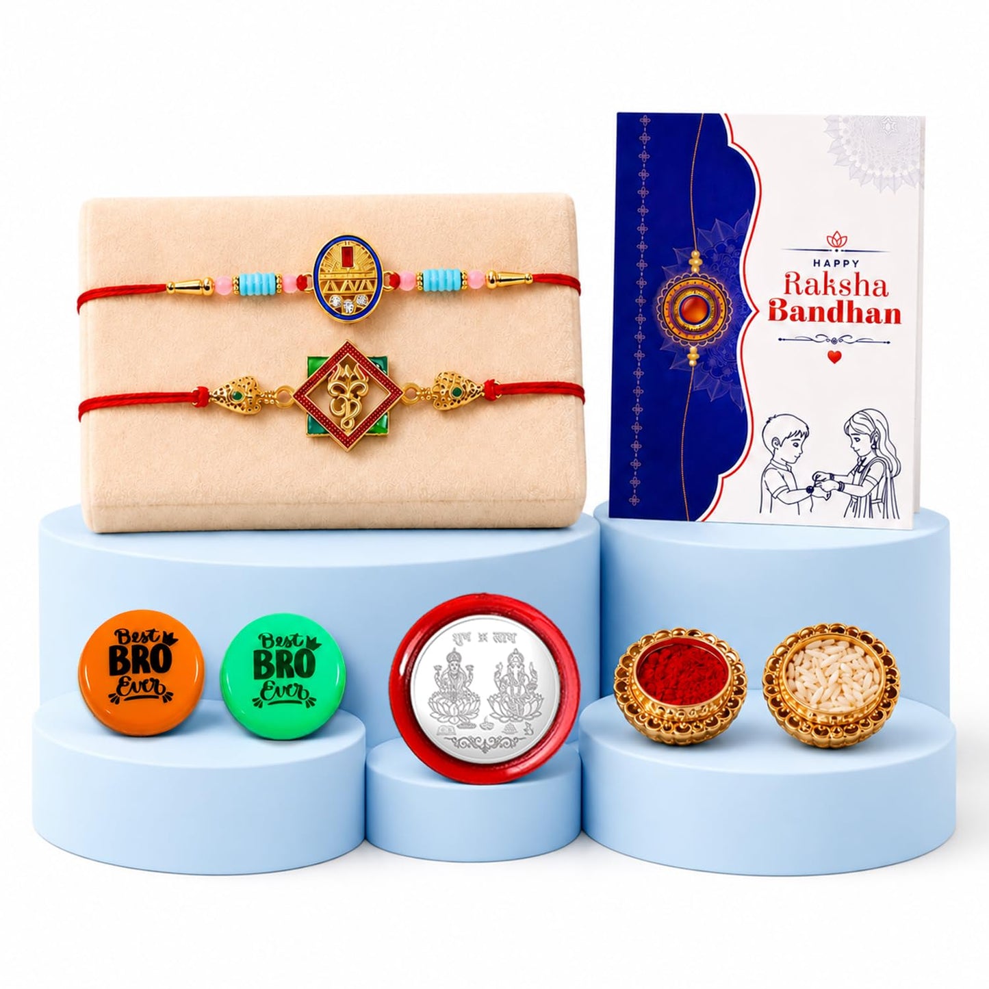 Geometric Motif, Om Multicolor Rakhi Combo with Multicolour | Pack of 7