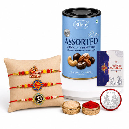 Jai Shree Ram, OM Rakhi Combo - Raksha Bandhan Gift with Assorted Choco 96gm, Pack of 7