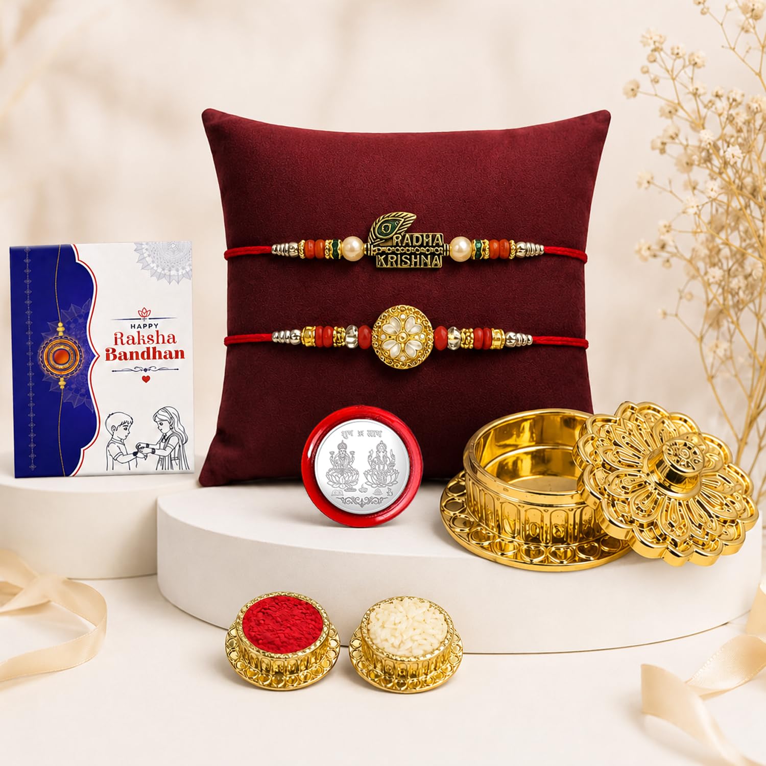 Designer Elegant Multicolor Round & Radha Krishna Rakhi Combo | Pack of 6