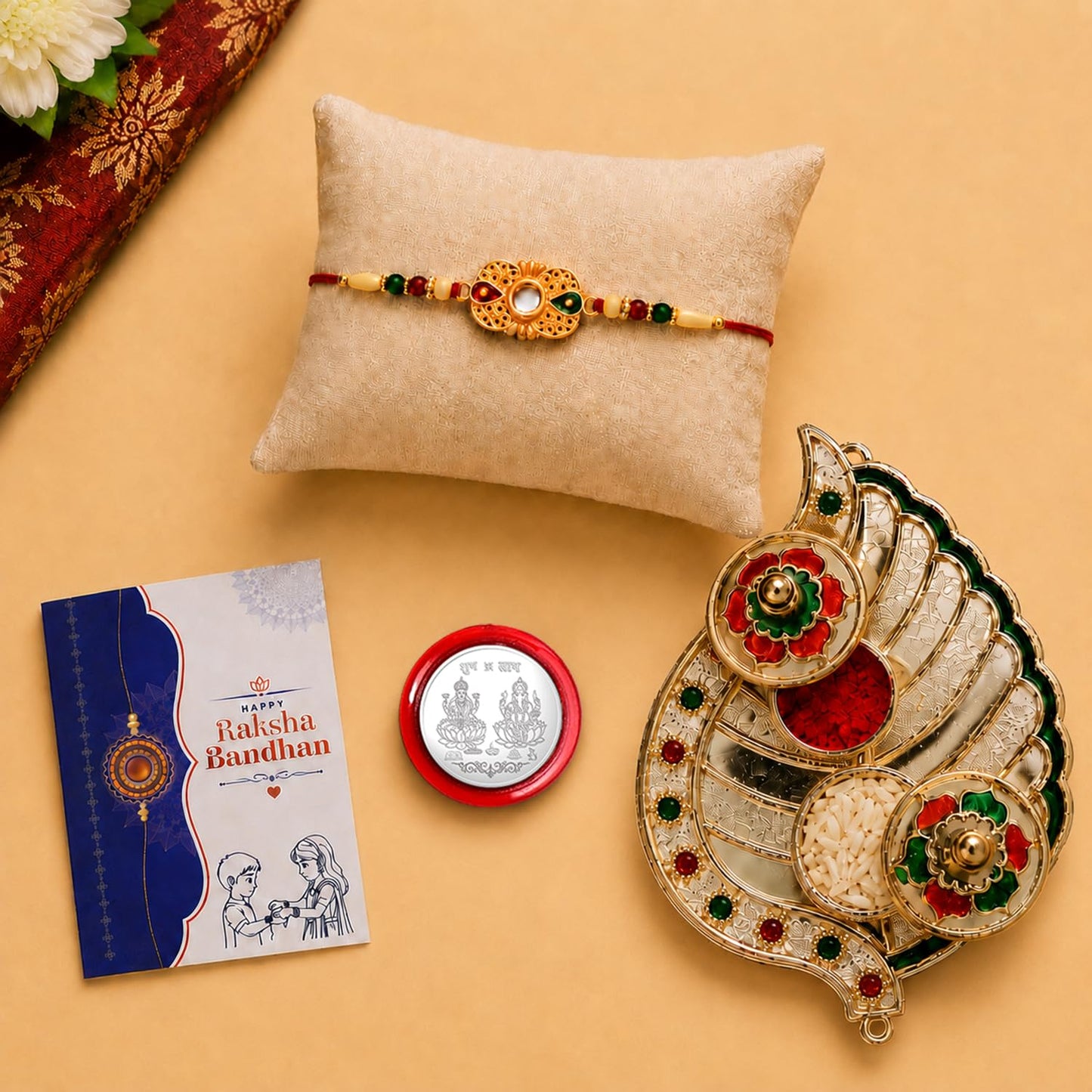 OM Multicolor Rakhi for Brother & Bhaiya with Leaf Shape Pooja Thali | Pack of 5