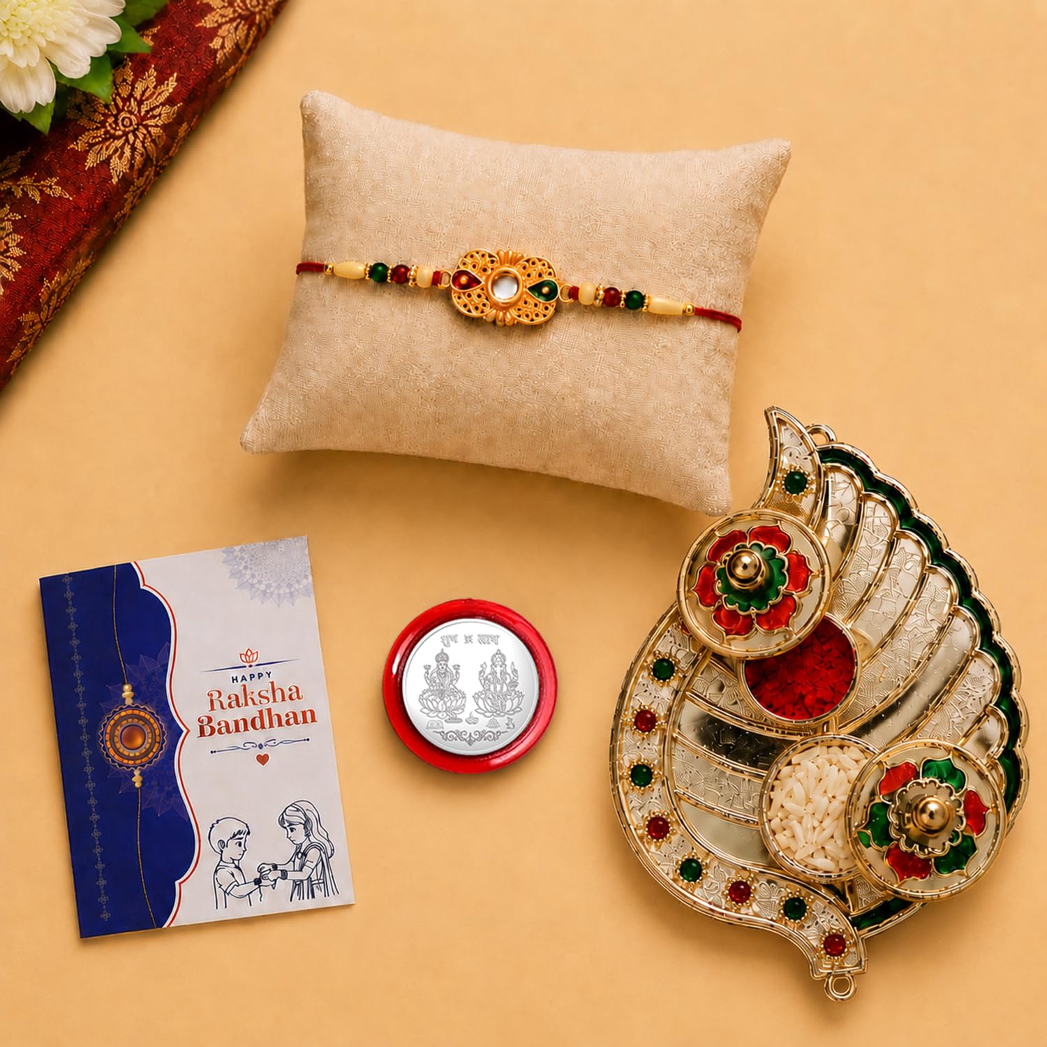 OM Multicolor Rakhi for Brother & Bhaiya with Leaf Shape Pooja Thali | Pack of 5
