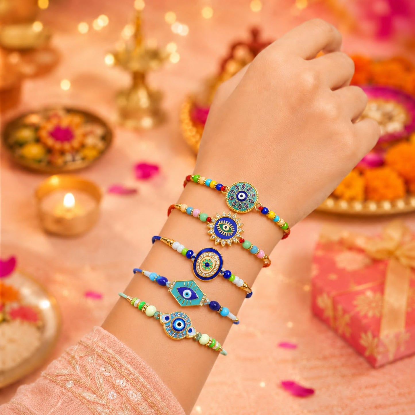 Designer Classic Rakhi for Brother with Roli Tikka, Pooja Coin & Card, Pack of 8