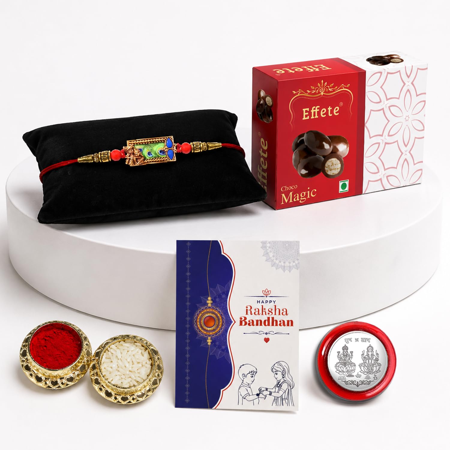 Radha Krishna Rakhi for Brother with Chocolate Magic 32gm, Coin & Card, Pack of 5