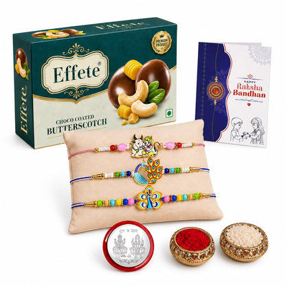 Krishna, Peacock Rakhi Combo - Raksha Bandhan Gift with Choco Butterscotch 32gm, Pack of 7