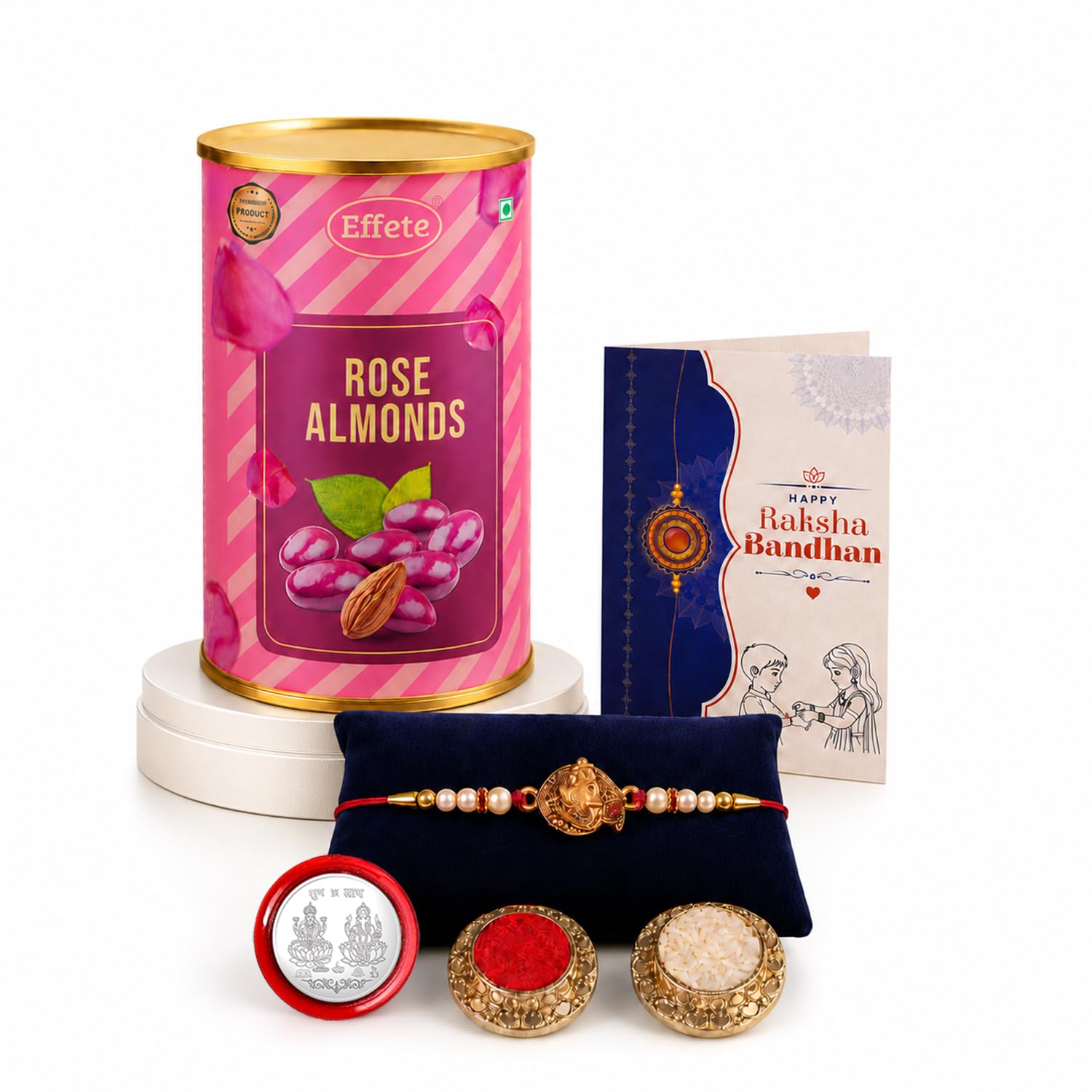 Ganesha Shape Rakhi for Brother with Rose Almond 96gm, Coin & Card, Pack of 5