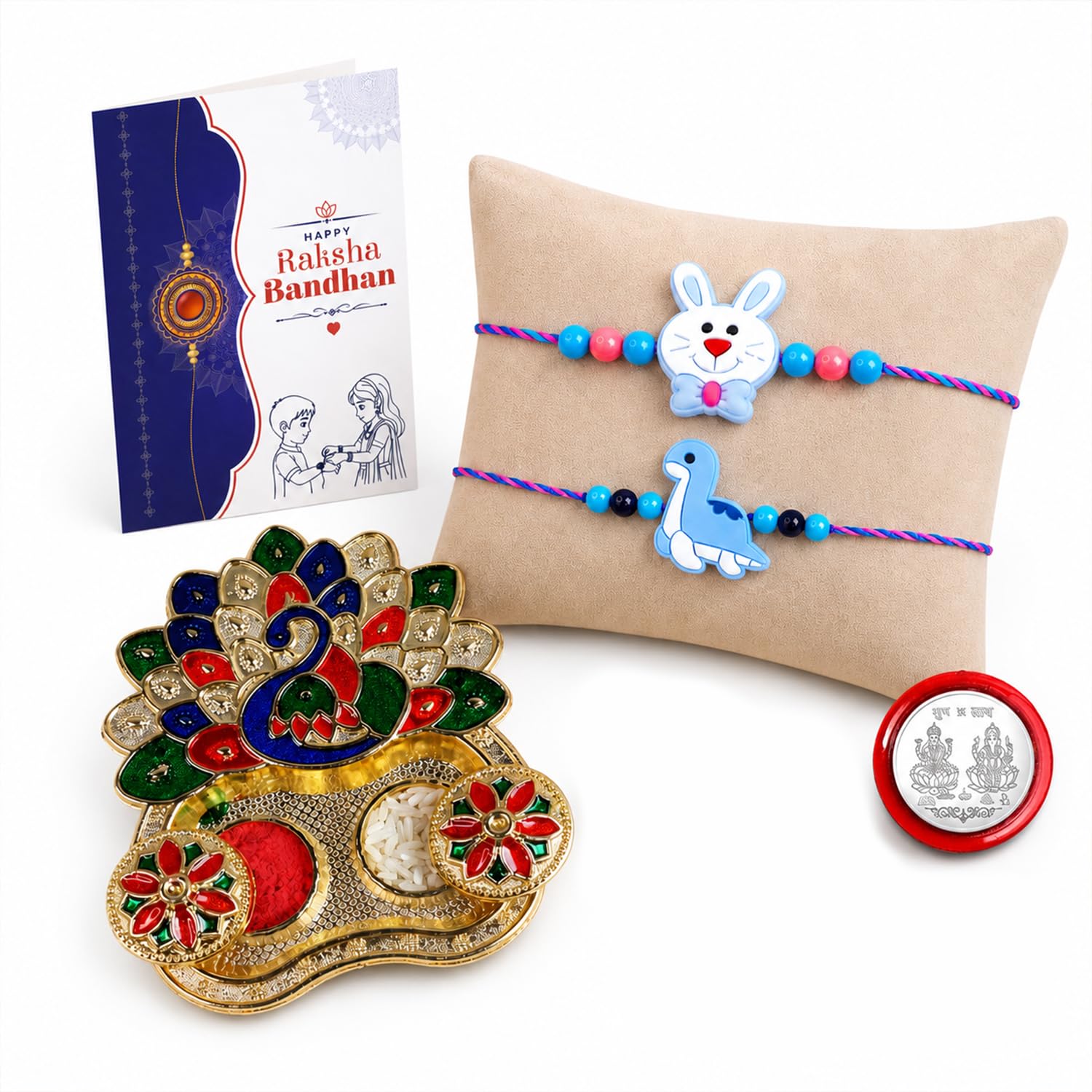Dinosaur, Bunny Multicolor Rakhi for Brother & Bhaiya with Peacock | Pack of 6
