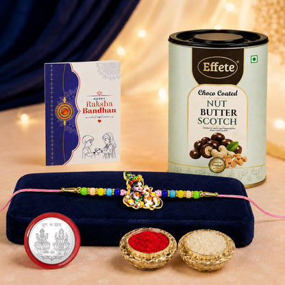 Krishna Rakhi for Brother with Butter Scotch 96gm, Roli Tikka & Card | Pack of 5