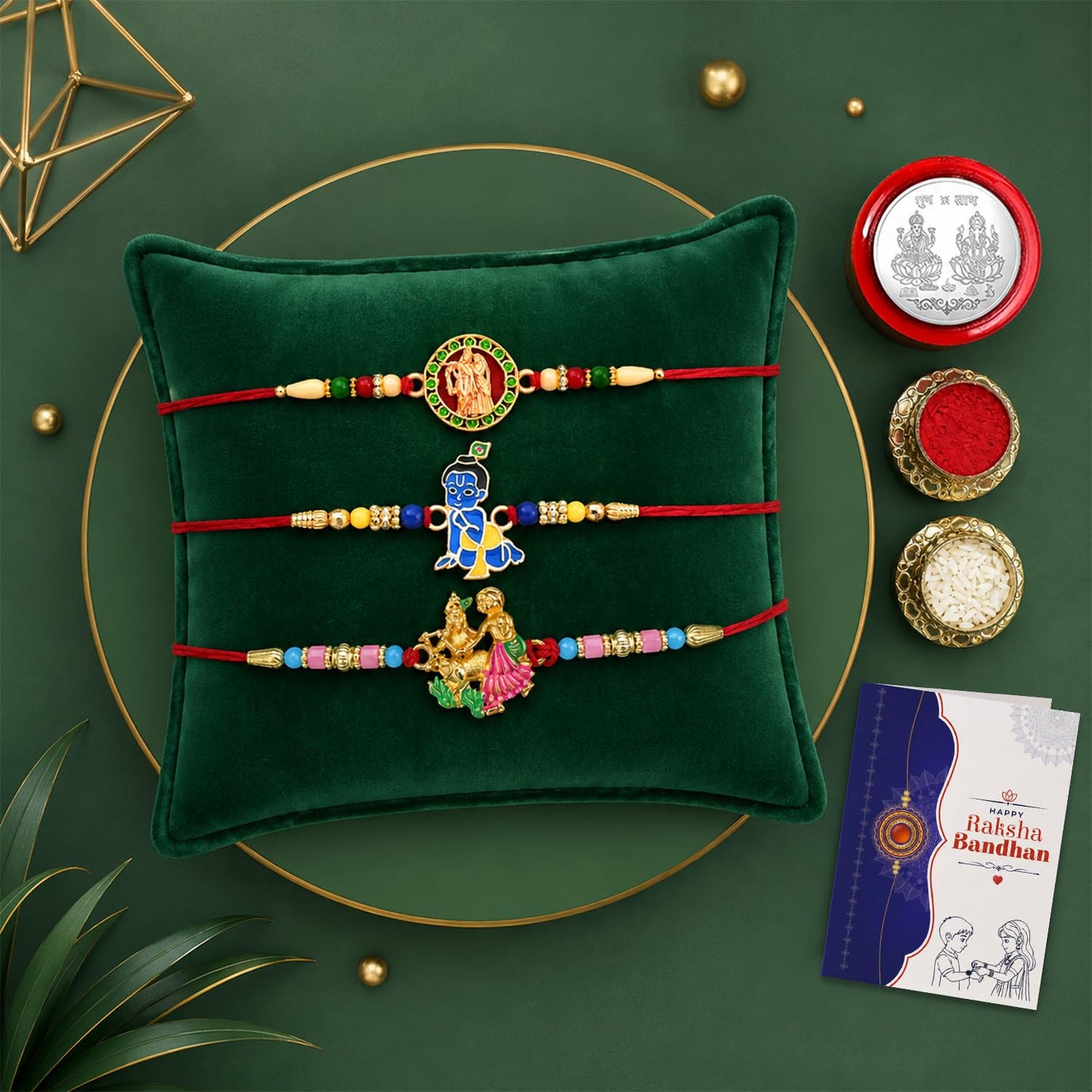 Ganesha Beads Rakhi for Brother with Tilak Set, Pooja Coin & Card, Rakhi Set (V9)