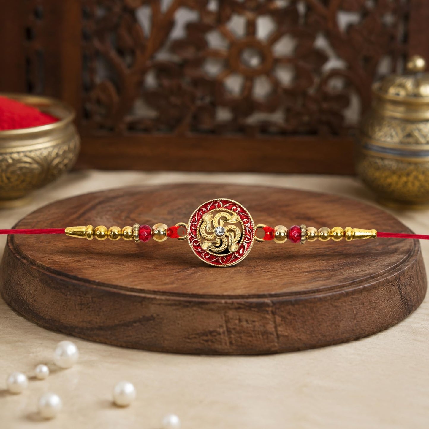 Swastik charm Rakhi for Brother with Chocolate Magic 32gm, Coin & Card, Pack of 6
