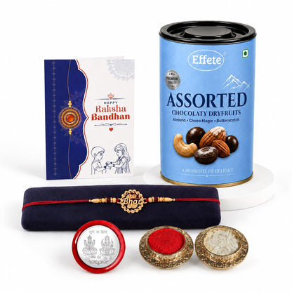 Bhai Rakhi for Brother with Choco Dryfruits 96gm, Roli Tikka & Card, Pack of 5