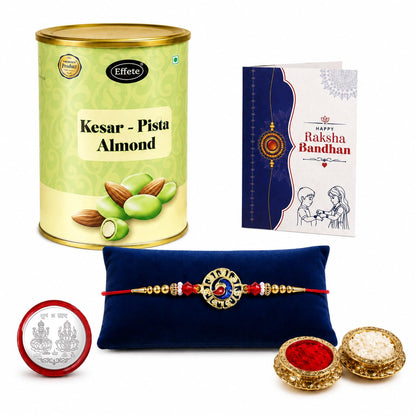 Multicolor Peacock Rakhi & Kesar-Pista Almond 96gm with Roli Chawal, Silver Color Pooja Coin & Greeting Card, Rakhi with chocolate, Rakshbandhan Combo, Pack of 5 For Raksha Bandhan