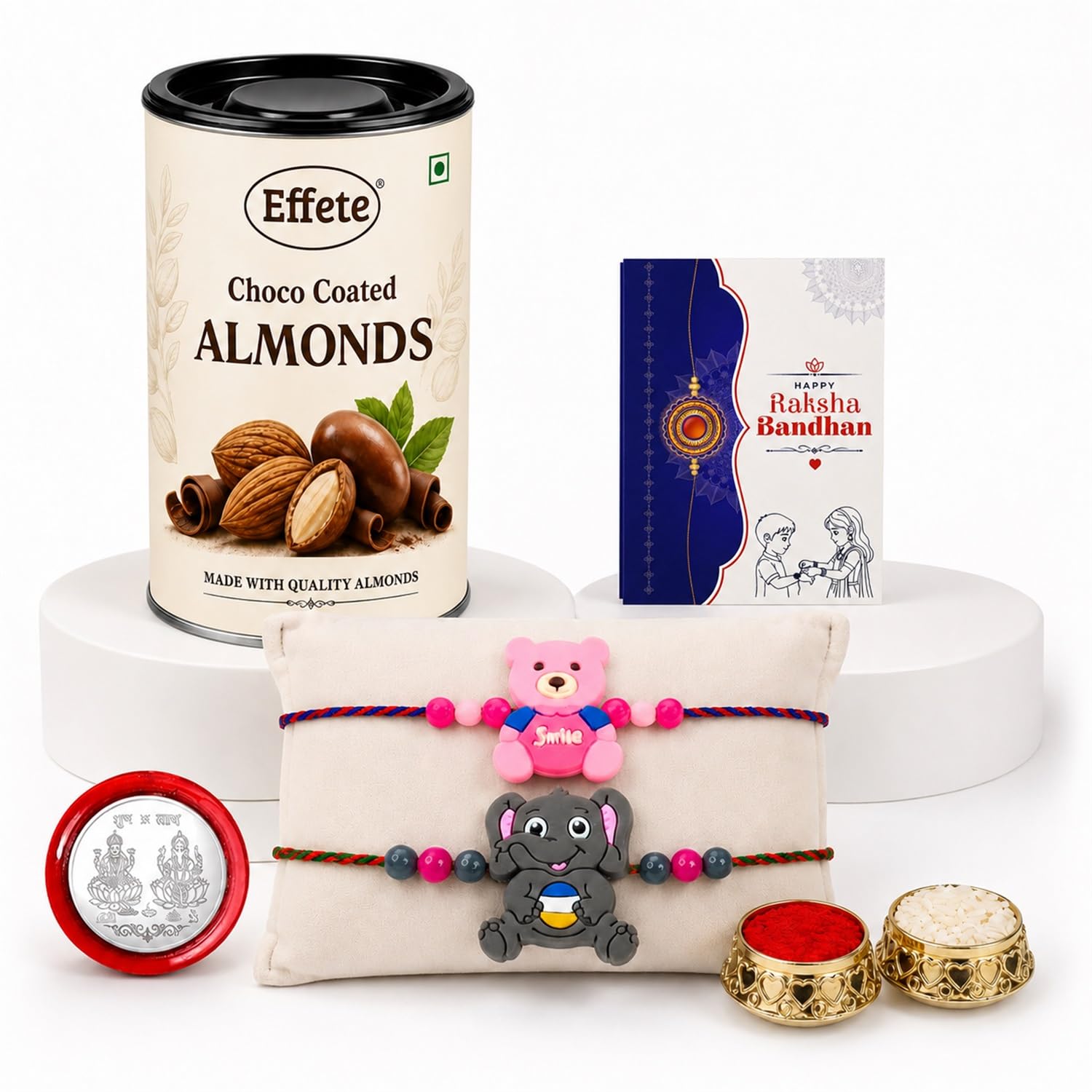 Teddy Bear Rakhi for Brother with Chocolate Almonds 96gm, Coin & Card, Pack of 6