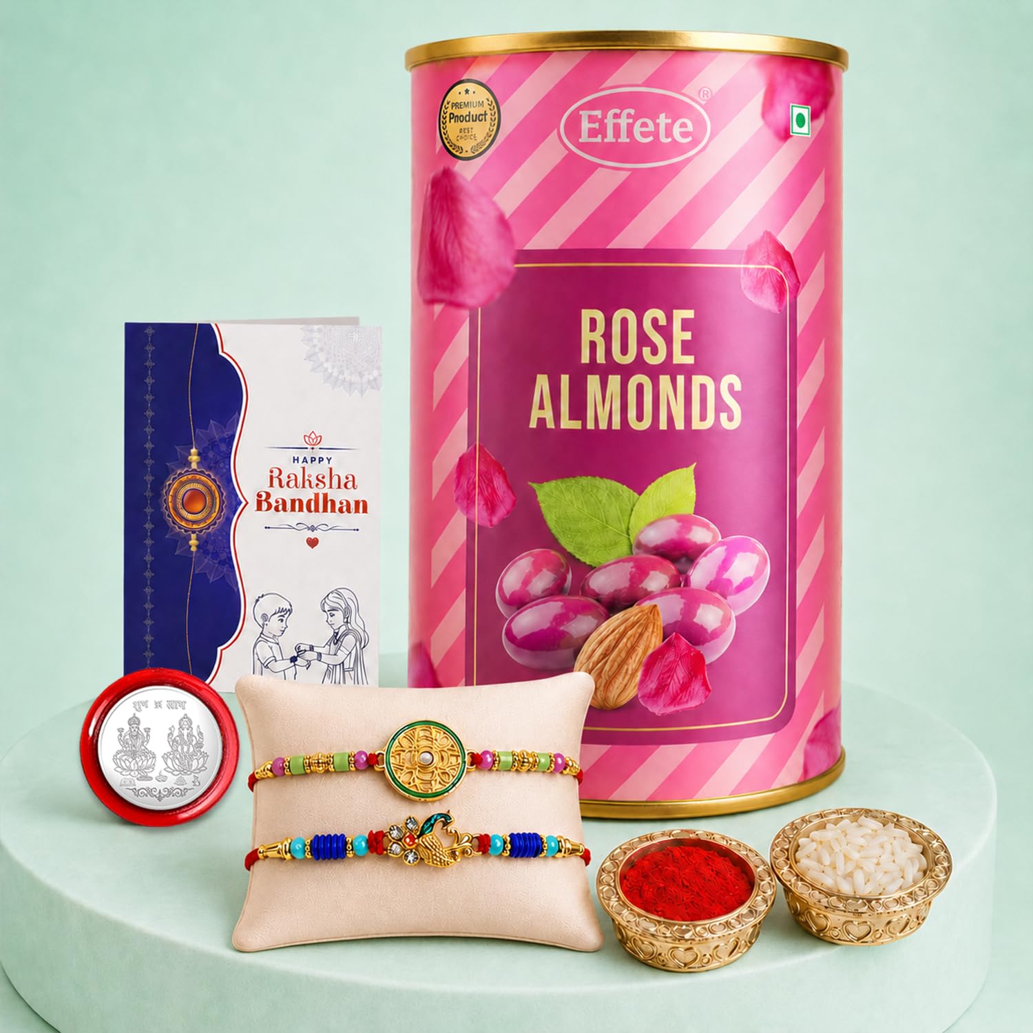 Floral Rakhi for Brother with Rose Almond 96gm, Roli Tikka & Card, Pack of 6