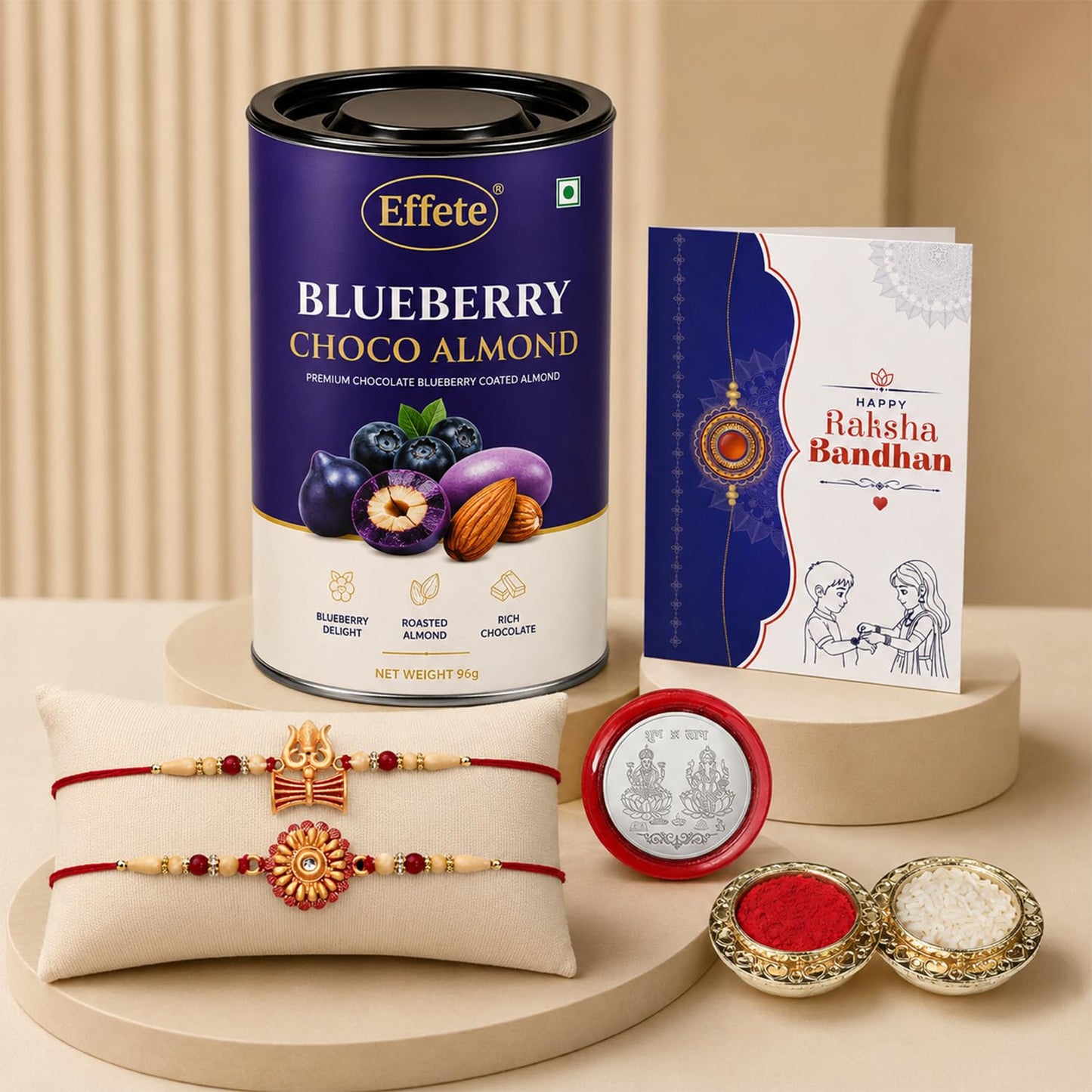 Damru Rakhi for Brother with Blueberry Almond 96gm, Roli Tikka & Card, Pack of 6