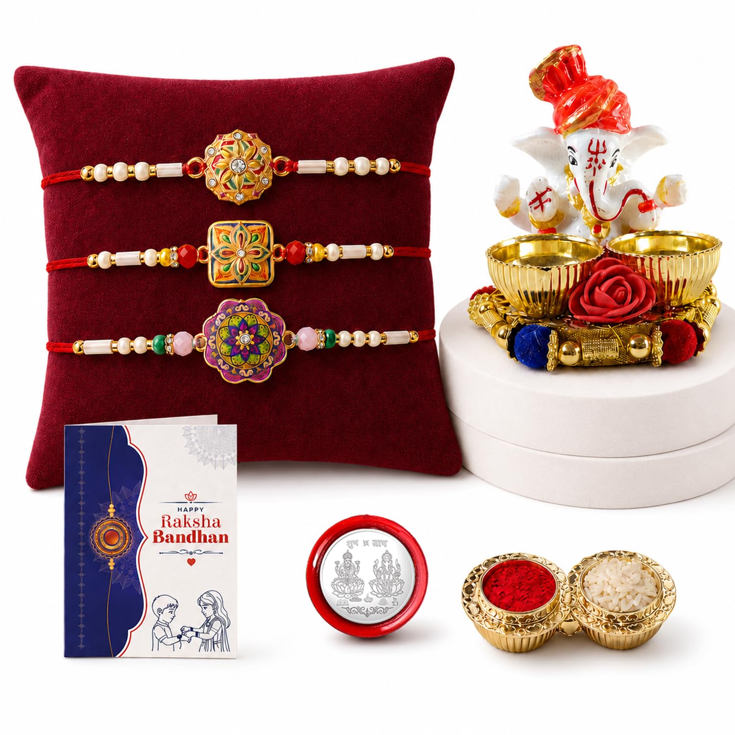 Rakhi for Brother with Ganesha Pooja Thali - Raksha Bandhan Gift Set, Pack of 7