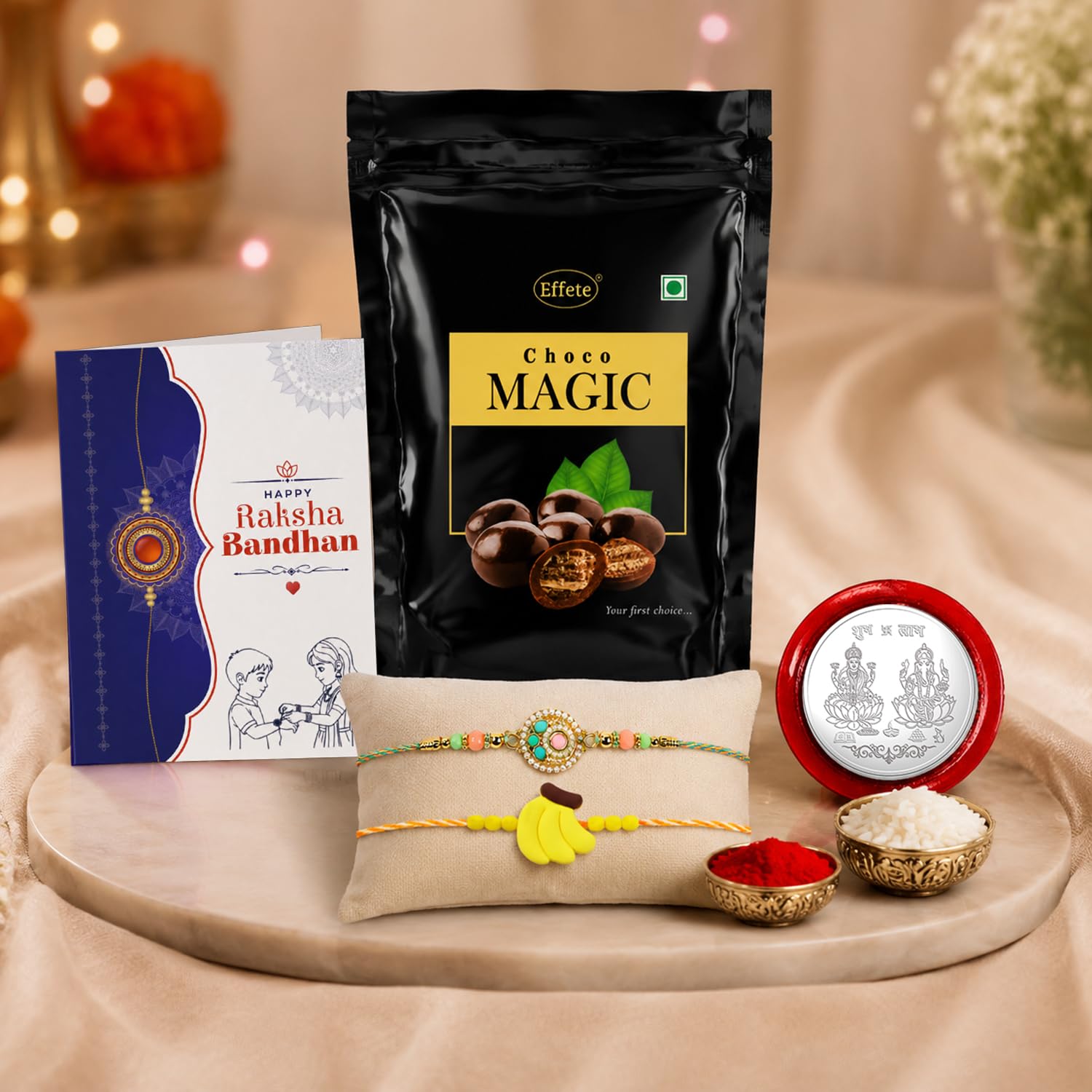 Kundan Rakhi for Brother with Choco Magic Pouch, Roli Tikka & Card, Pack of 6