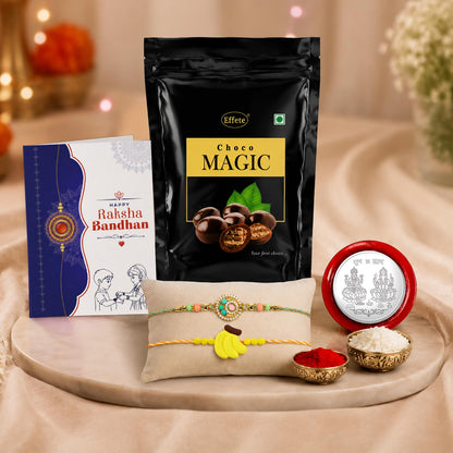 Kundan Rakhi for Brother with Choco Magic Pouch, Roli Tikka & Card, Pack of 6