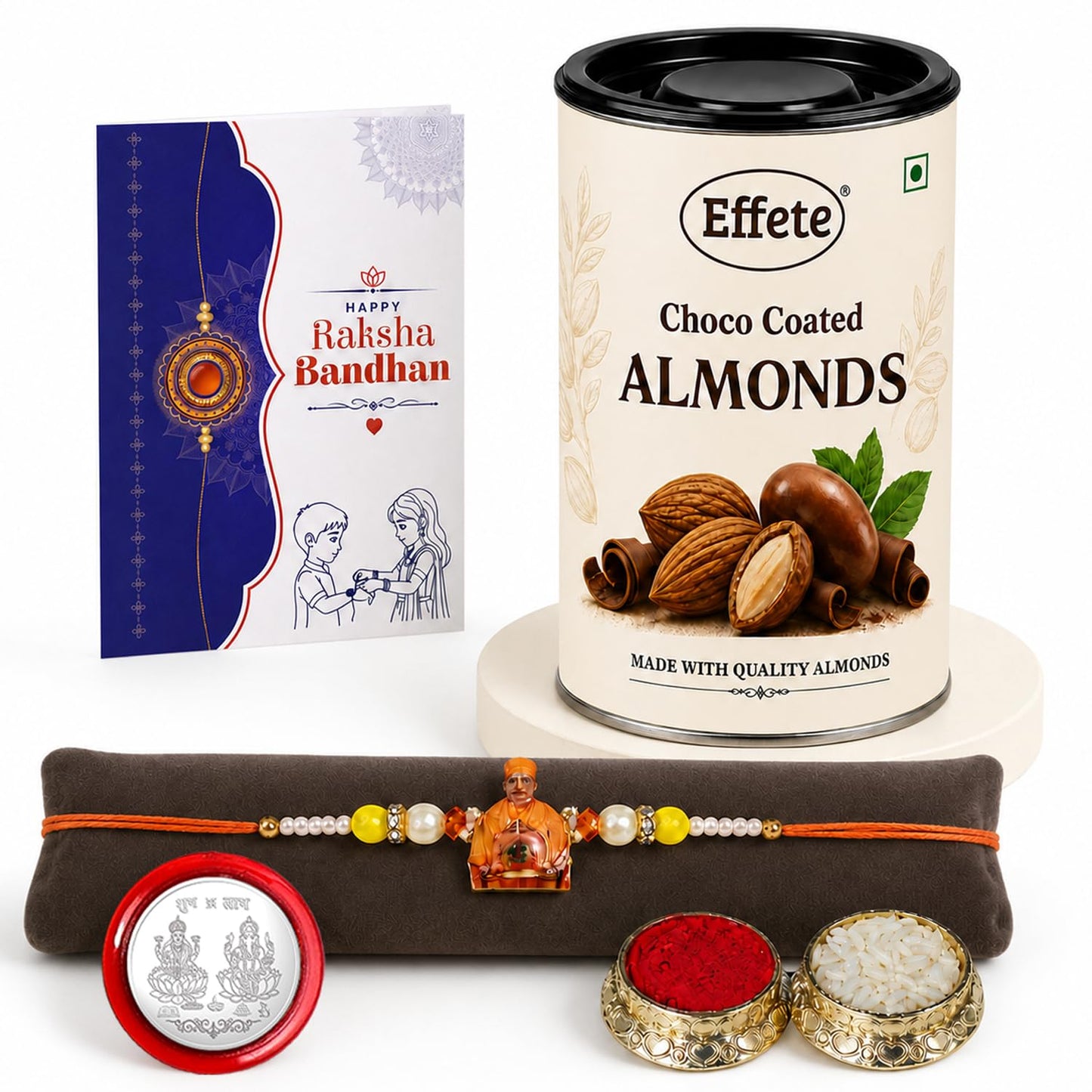Swami Maharaj Rakhi for Brother with Choco Almonds 96gm, Coin & Card, Pack of 5