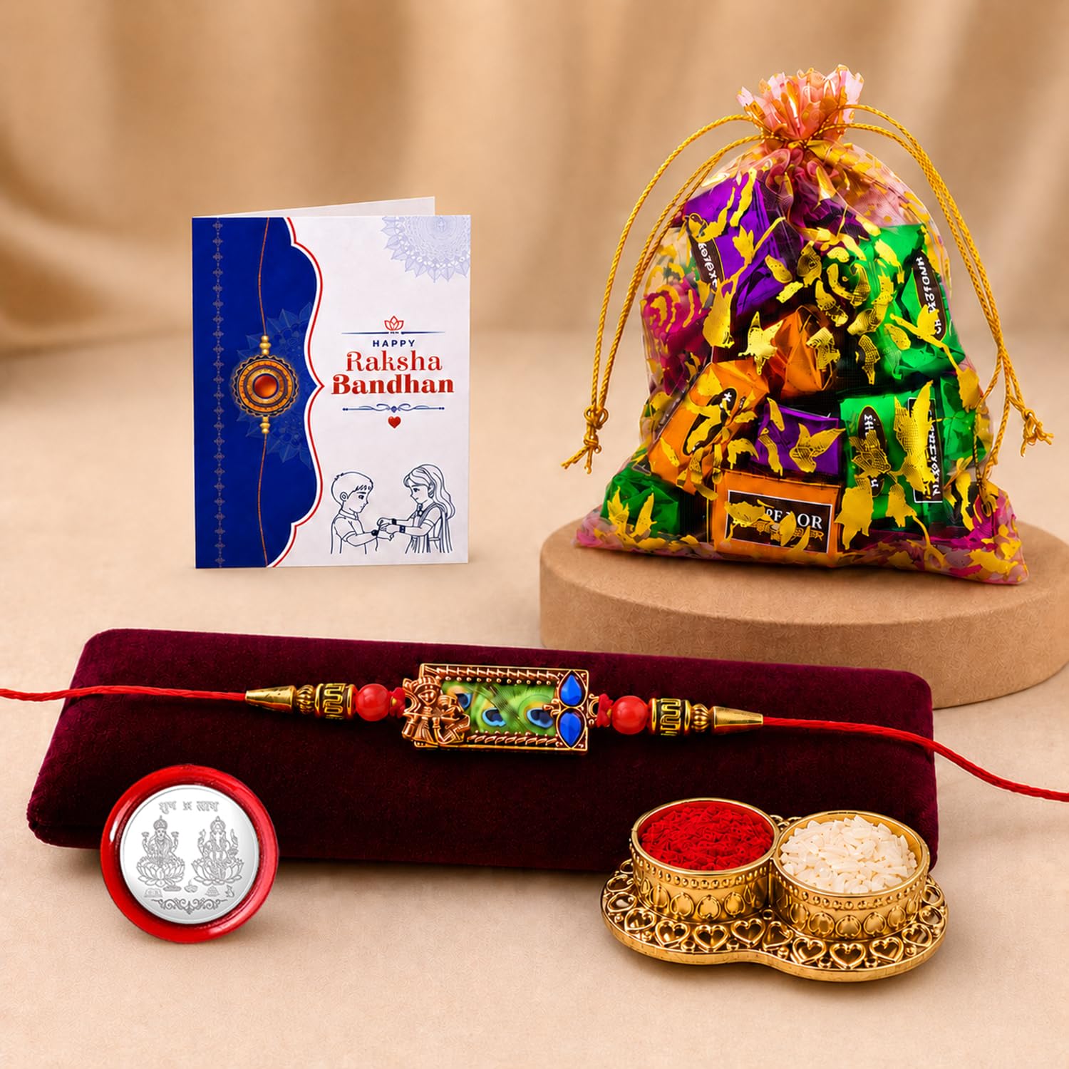 Rectangle Shape Rakhi for Brother with Assorted Treats, Coin & Card, Pack of 5
