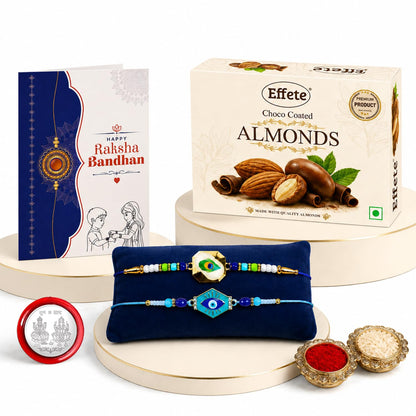 Peacock, Evil Eye Rakhi Combo - Raksha Bandhan Gift with Choco Almonds 32gm, Pack of 6