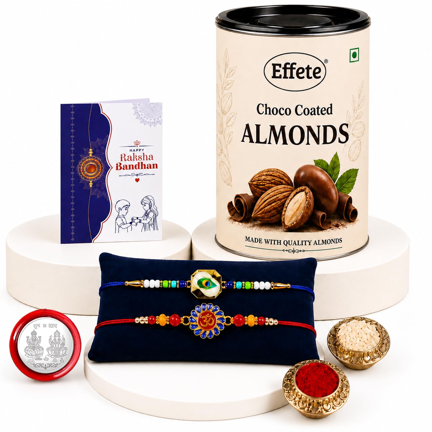Peacock, Om Rakhi Combo - Raksha Bandhan Gift with Choco Almonds 96gm, Pack of 6
