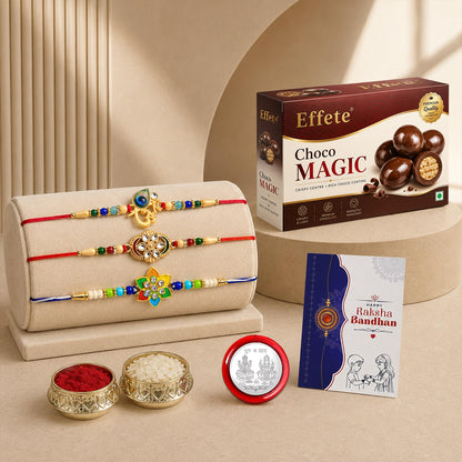 OM Rakhi for Brother with Choco Magic 96gm, Roli Tikka & Greeting Card, Pack of 7