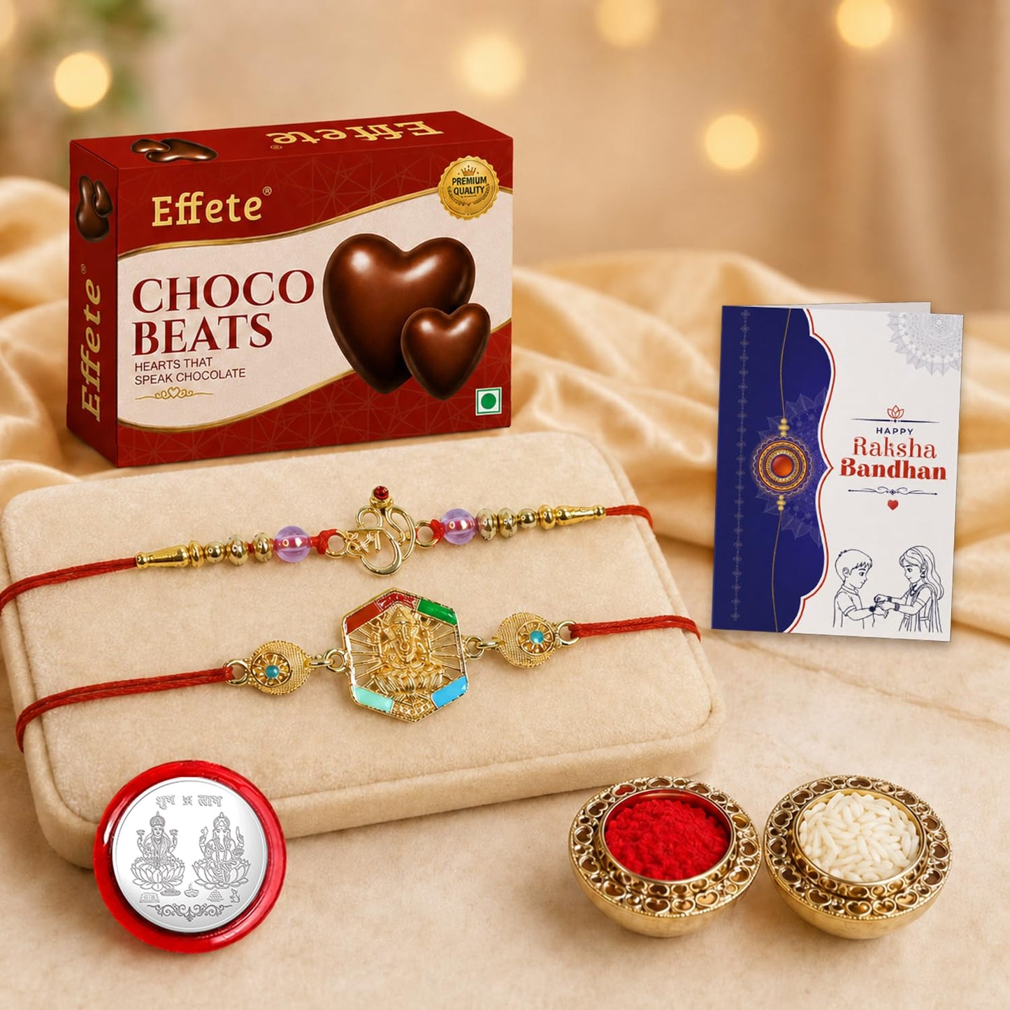 Om Rakhi for Brother with Chocolate Beats 32gm, Roli Tikka & Card | Pack of 6
