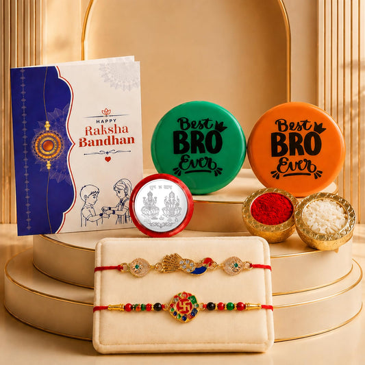 Peacock,Swastika Charm Multicolor Rakhi Combo with Multicolour Decorative Magnets 2pcs, Roli Chawal, Silver Color Coin & Greeting Card, Rakhi Collection, Fancy Rakhi for Brother, Pack of 7 For Raksha Bandhan
