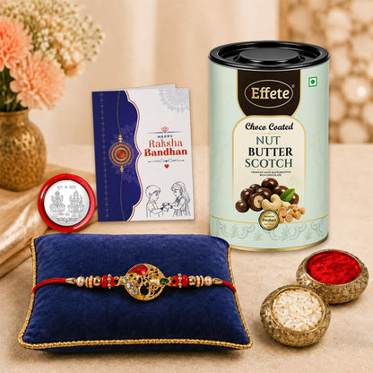 OM Rakhi for Brother with Butter Scotch 96gm, Roli Tikka & Card, Pack of 5