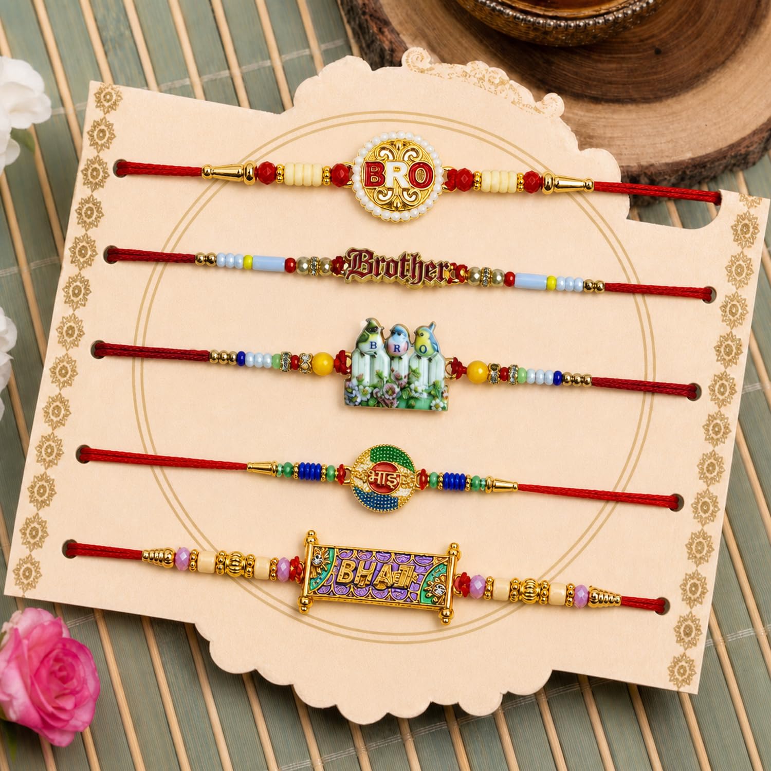 Designer Splendid Rakhi for Brother with Roli Tikka, Pooja Coin & Card, Pack of 8
