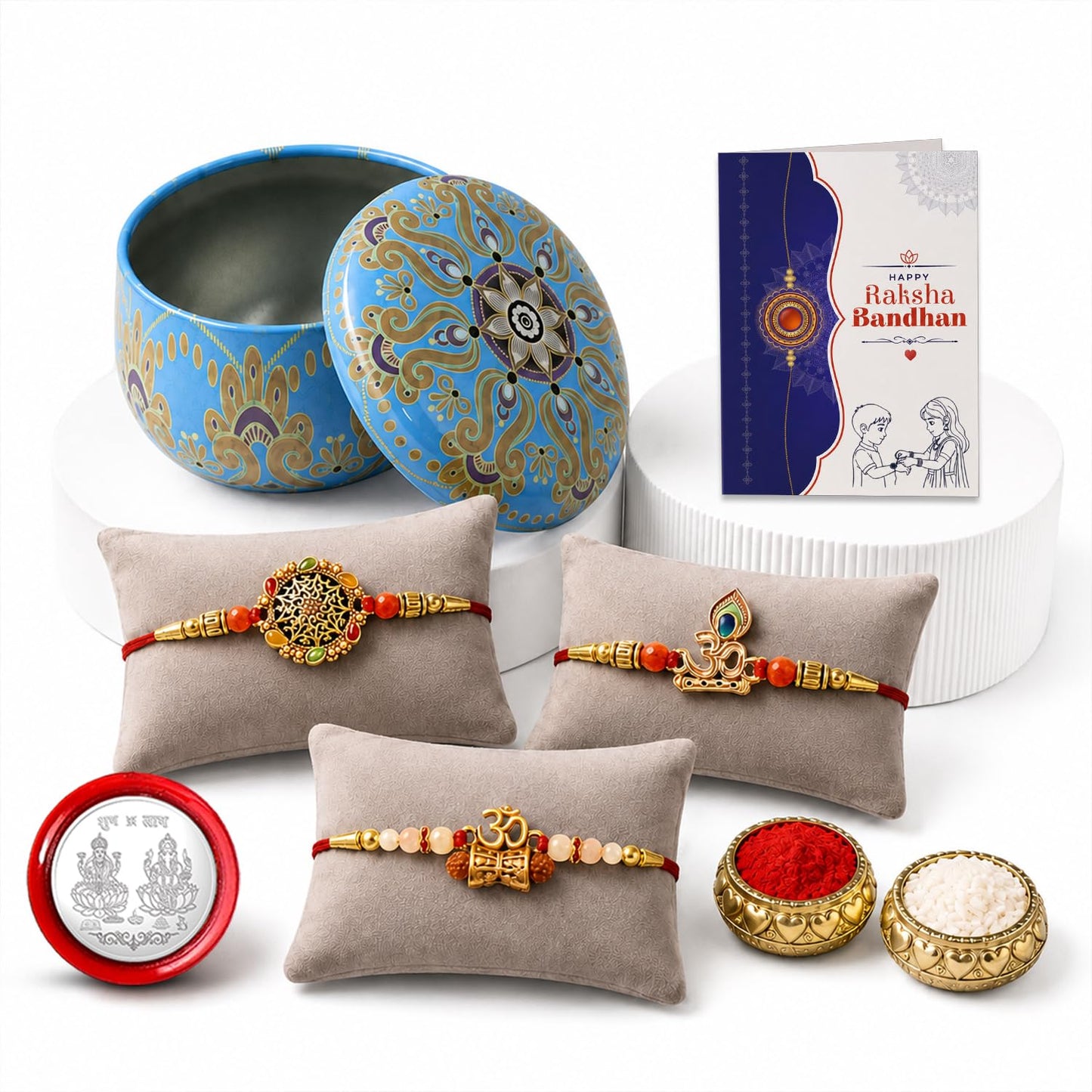 Designer Multicolor Round, OM & Damru Rakhi Combo for Brother Bhaiya | Pack of 7
