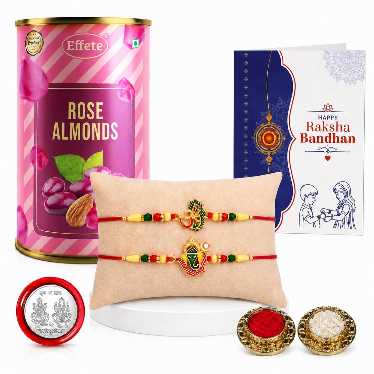 Multicolor OM, Ganesha Rakhi & Rose Almond 96gm with Roli Chawal, Silver Color Pooja Coin & Greeting Card, Rakhi with chocolate, Rakshbandhan Combo, Pack of 6 For Raksha Bandhan