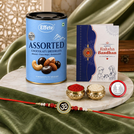 Om Rakhi for Brother with Choco Dryfruits 96gm, Roli Tikka & Card, Pack of 5