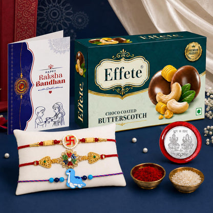 Floral Motif Rakhi for Brother with Butter Scotch 32gm, Coin & Card, Pack of 7