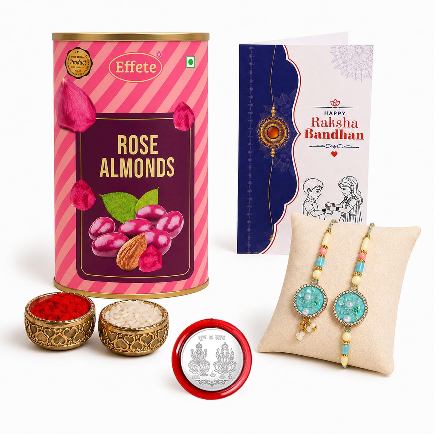 Floral Rakhi for Brother with Rose Almond 96gm, Roli Tikka & Card - Pack of 6