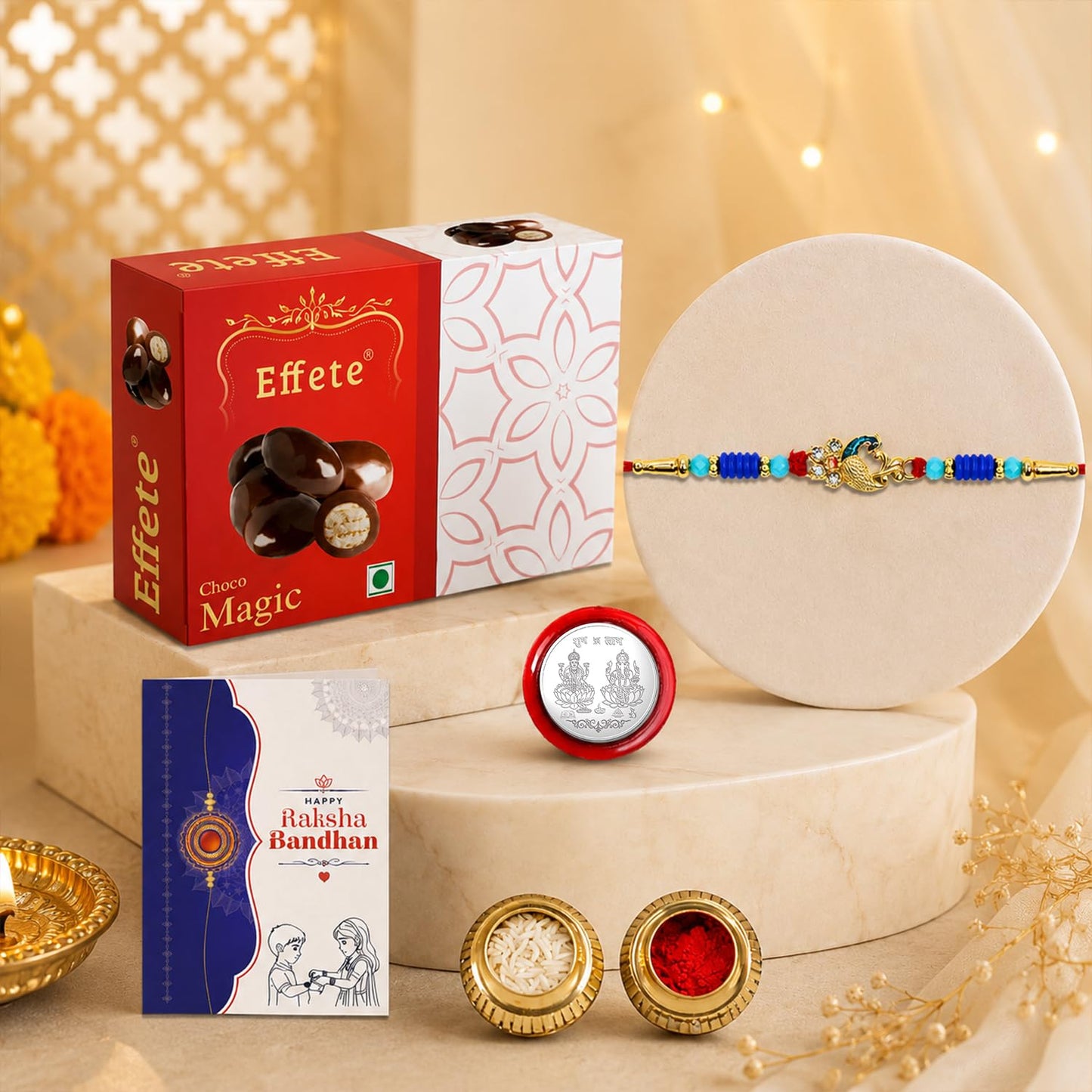 Peacock Rakhi for Brother with Choco Magic 32gm, Roli Chawal & Card, Pack of 5