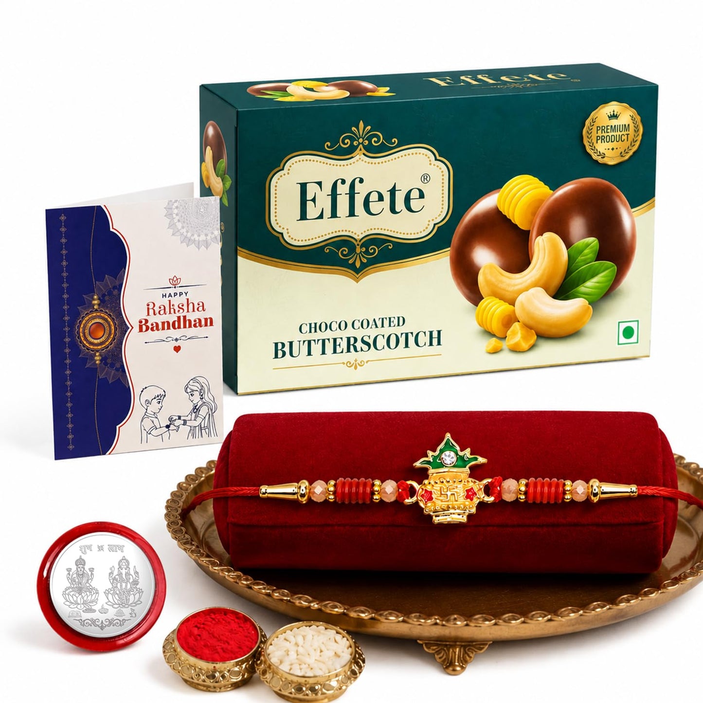 Kalash Rakhi for Brother with Butter Scotch 32gm, Roli Chawal & Card, Pack of 5