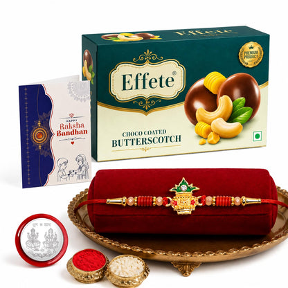 Kalash Rakhi for Brother with Butter Scotch 32gm, Roli Chawal & Card, Pack of 5