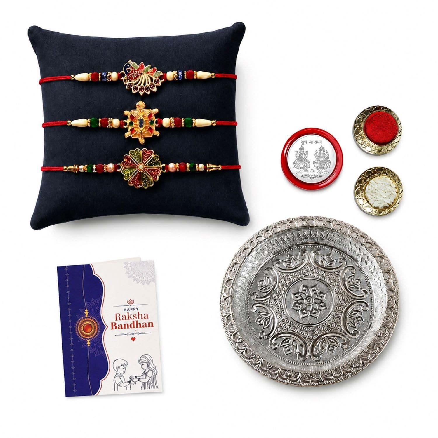 Rakhi for Brother with Silver Pooja Thali - Rakshabandhan Gift Set, Pack of 7