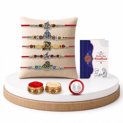 Ganesha Rakhi for Brother with Roli Tikka, Pooja Coin & Greeting Card, Pack of 8