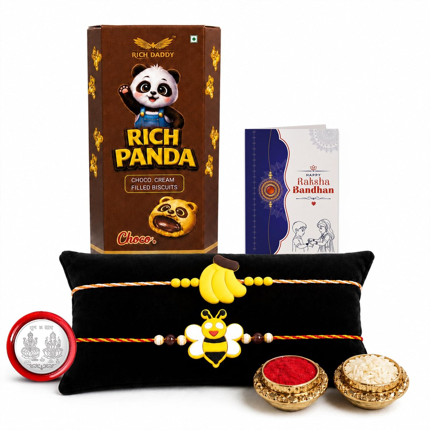Fruit Rakhi for Brother with Chocolate Cream Biscuit 60gm, Coin & Card, Pack of 6