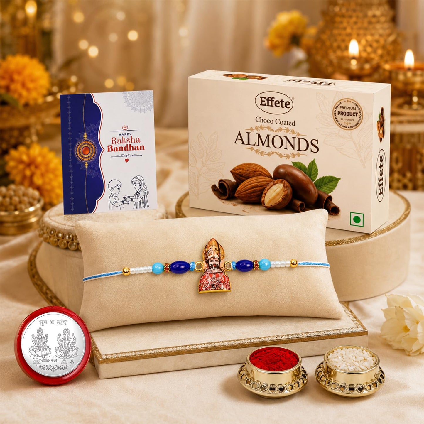 Khatu Shyam Rakhi for Brother with Chocolate Almonds 32gm, Coin & Card, Pack of 5