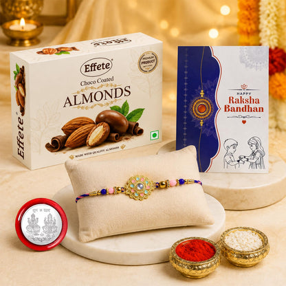 Stylish Elegant Rakhi for Brother with Choco Almonds 32gm, Coin & Card, Pack of 5
